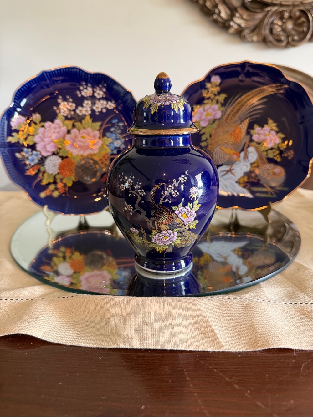 Vintage Japanese Cobalt Blue Porcelain Ginger Jar & Plates Decorative BHS